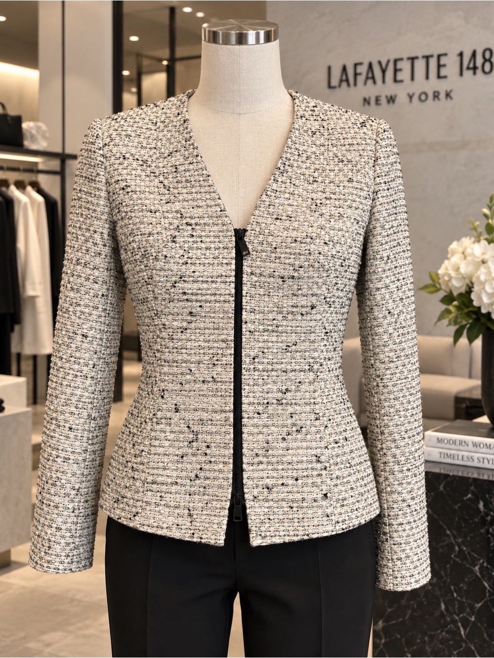 Lafayette 148 New York Size 8 Textured Tweed Two-Way Zip Jacket Black Cream
